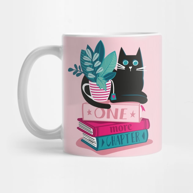 One more chapter // spot // pastel pink background black cat striped mug with plants red teal and yellow books with quote by SelmaCardoso